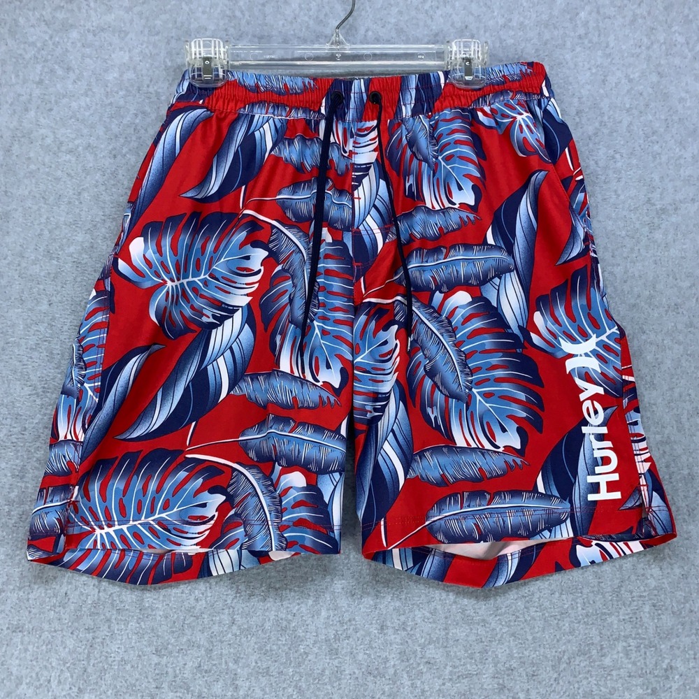 Hurley Board Shorts Mens Large Red Tropical Palm Leaf Print Swim Trunks Stretch